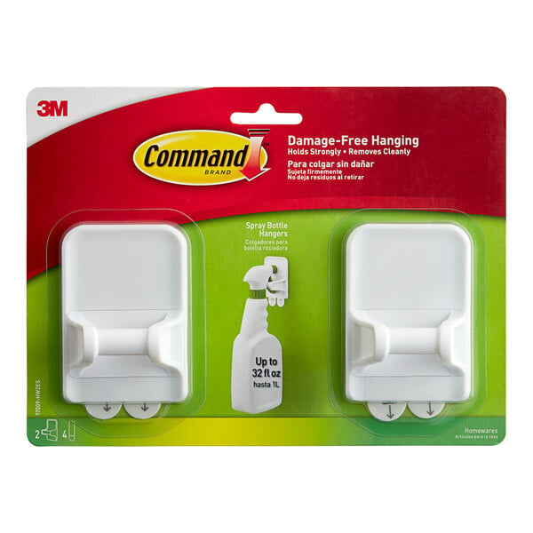 A package of two white plastic 3M Command spray bottle hangers.