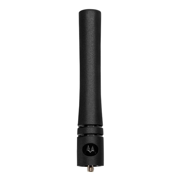 A close-up of a black cylindrical Motorola Stubby Antenna.
