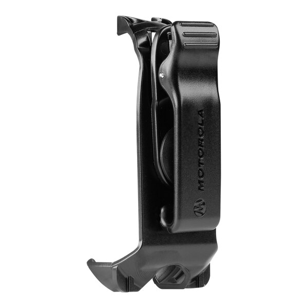 A black plastic Motorola swivel belt clip holster.