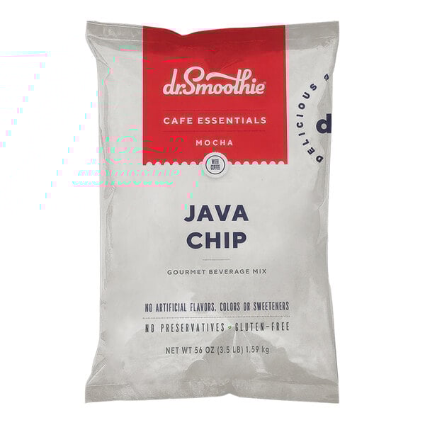 A white bag of Dr. Smoothie Cafe Essentials Java Chip Beverage Mix with red and blue text.