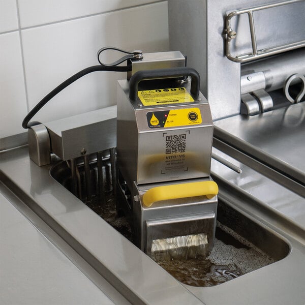 The VITO VS Portable Fryer Oil Filter System on a metal counter.