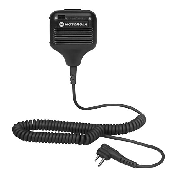 A Motorola black remote speaker microphone with a coiled cord.
