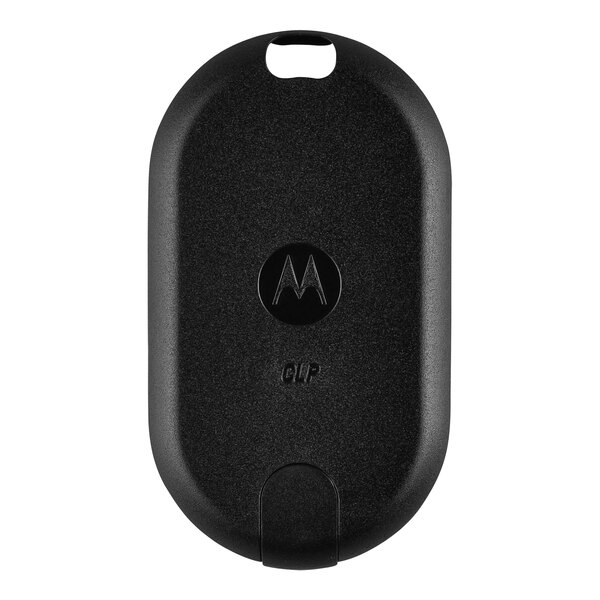 The black rectangular Motorola battery door for a walkie talkie with a logo.