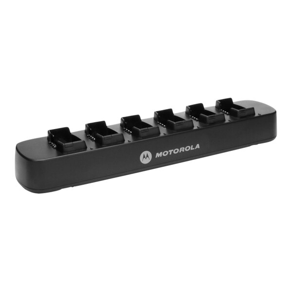 A black rectangular Motorola charger with six slots.