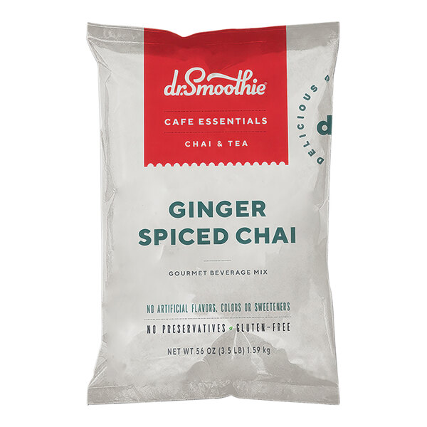 A white bag of Dr. Smoothie Cafe Essentials Ginger Spiced Chai Beverage Mix with red and white text.