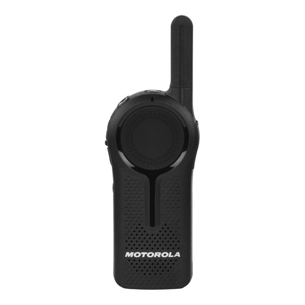 A close-up of a black Motorola DLR1060 walkie talkie with two antennas.