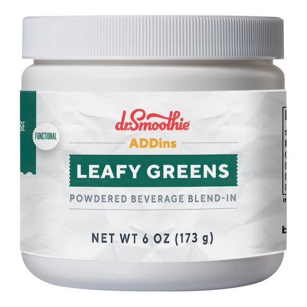 A white container of Dr. Smoothie Leafy Greens Supplement Powder with a white label.
