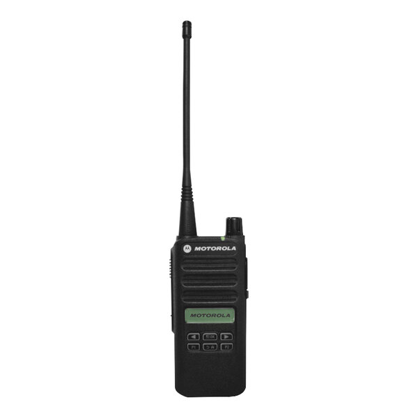 A close-up of a black Motorola MOTOTRBO CP100d VHF two-way radio.