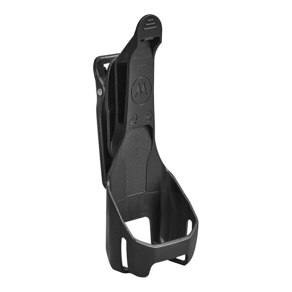 A black plastic swivel holster with a clip for a phone case with a Motorola logo on it.