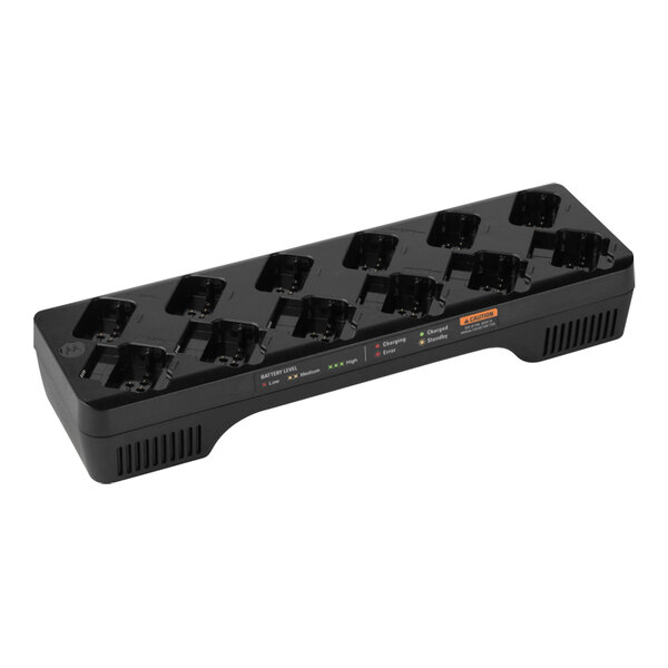 A black battery charger with 12 ports.