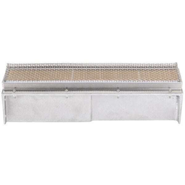 A metal rectangular object with a mesh surface.