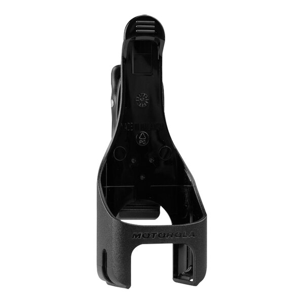 A black plastic swivel belt holster for a Motorola DLR series walkie talkie.