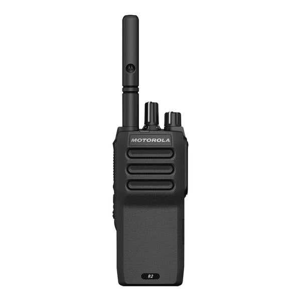A close up of a black Motorola MOTOTRBO walkie talkie with two antennas.