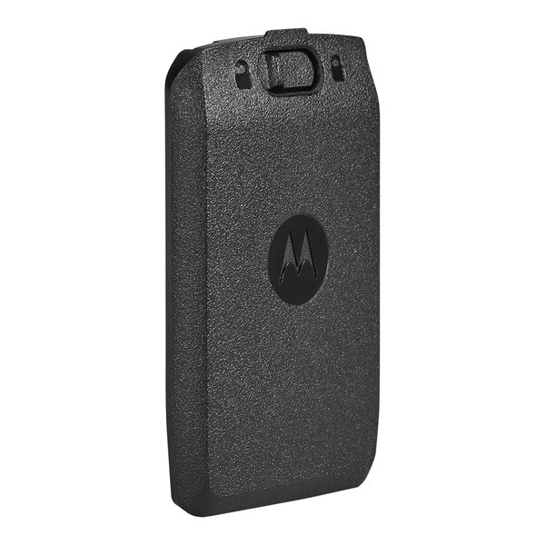 A black rectangular Motorola battery door with a logo on a white background.