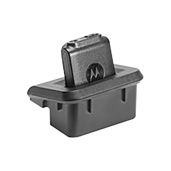 A black rectangular Motorola battery holder with a logo on it.