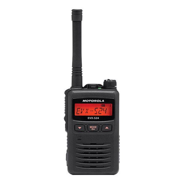 A close-up of a black Motorola EVX-S24 walkie talkie.