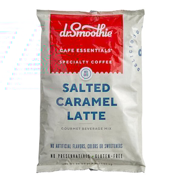 A white bag with red and blue text that says "Dr. Smoothie Cafe Essentials Salted Caramel Latte"