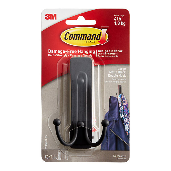 A package of 3M Command Large Matte Black Double Hook with a black double hook inside.