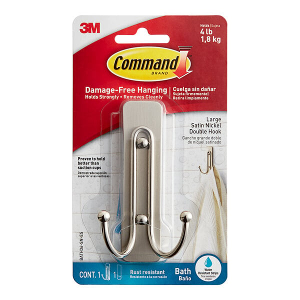 A package containing a silver 3M Command large double bath hook with satin nickel finish.