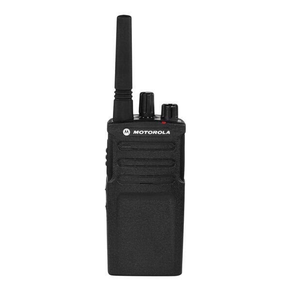 A close up of a black Motorola RM Series walkie talkie.