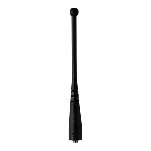 A close up of a black Motorola RAN4031 UHF whip antenna with a ball on top.