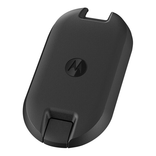 A black rectangular Motorola battery door with a logo on it.