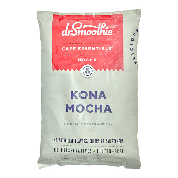 A white bag of Dr. Smoothie Cafe Essentials Kona Mocha Beverage Mix with red label.