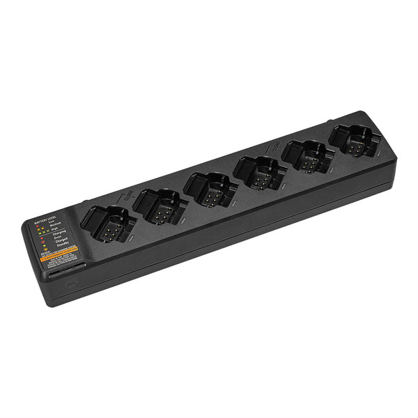 A black rectangular power strip with six plugs.