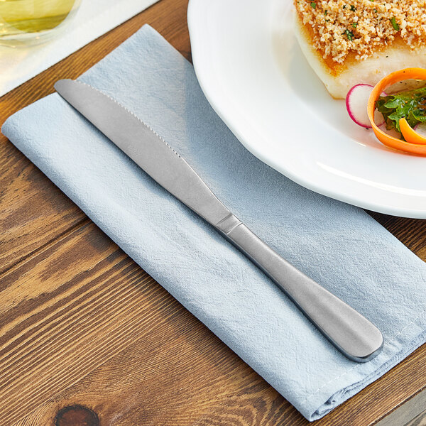 A table with a plate of food on a napkin with an Acopa Josette table knife on the side.