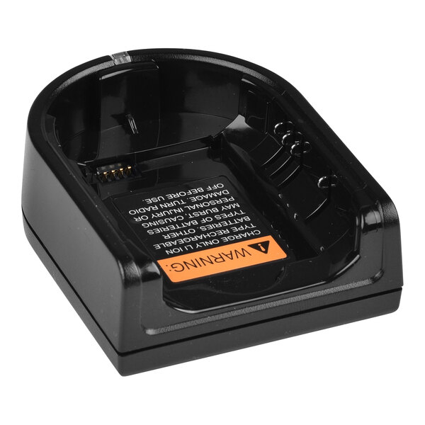 A black Motorola battery charger with an orange label.
