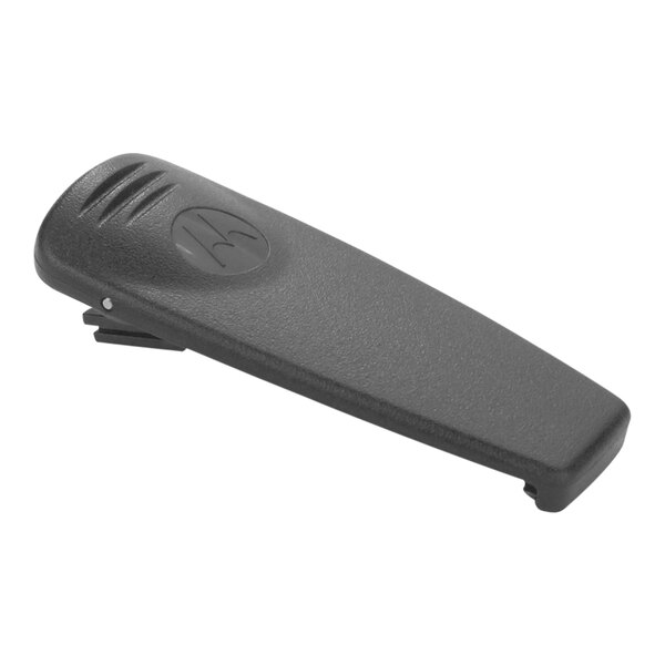 A black plastic Motorola spring-action belt clip with a logo on it.