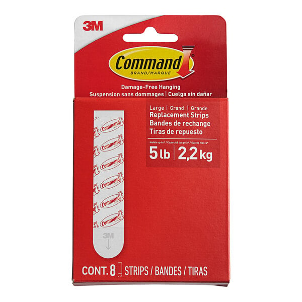 A red box of 3M Command large foam adhesive strip pairs with a white label.