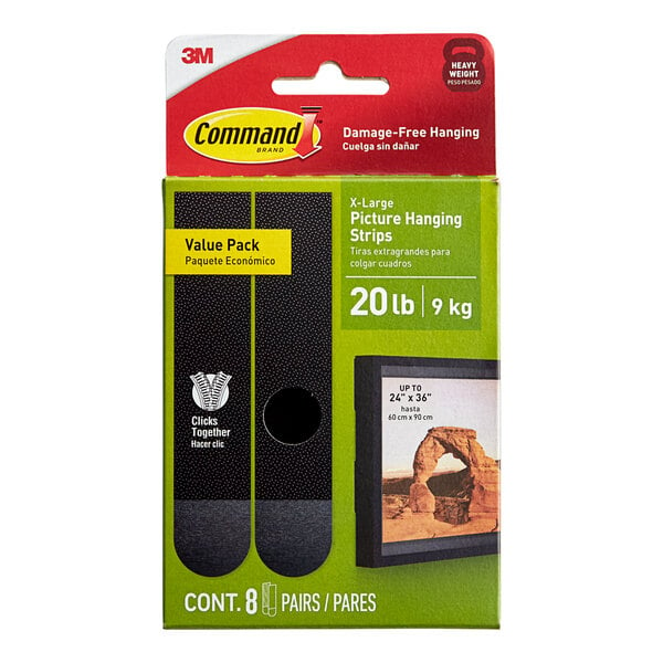 A package of 3M Command extra large black picture hanging strip pairs.