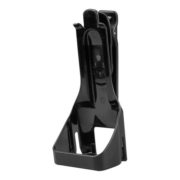 A black plastic swivel belt holster with a clip for a Motorola RM Series walkie talkie.