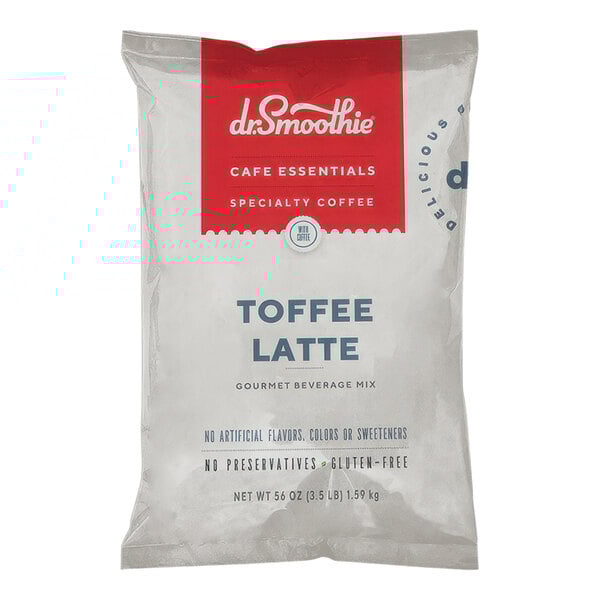 A white bag of Dr. Smoothie Toffee Latte beverage mix with red and blue text.