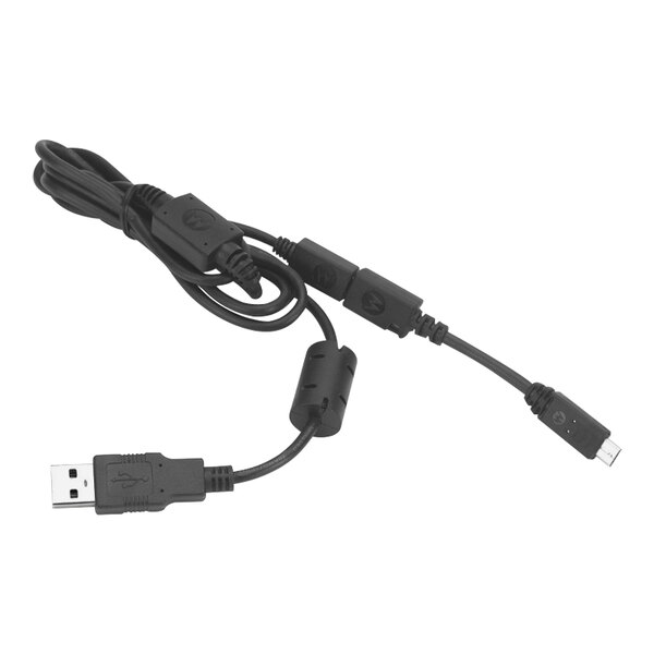 A close-up of a black Motorola programming cable with two connectors.