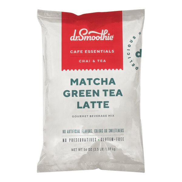 A white bag of Dr. Smoothie Cafe Essentials Matcha Green Tea Latte Beverage Mix with a red label.