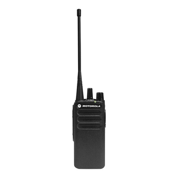 A black Motorola MOTOTRBO CP100d Series walkie talkie with a long antenna.