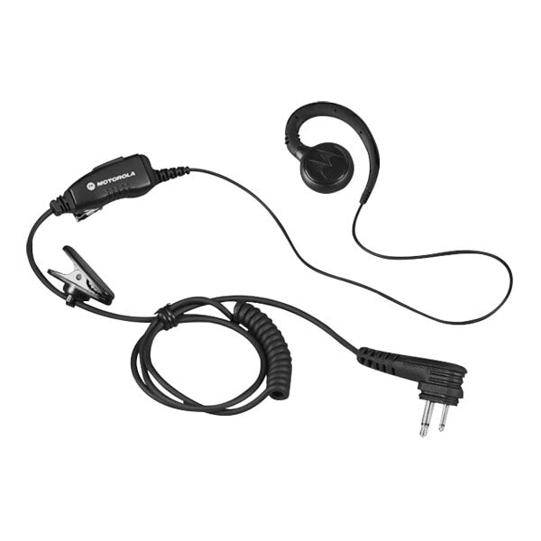 A Motorola swivel earpiece with an in-line microphone and black cord.