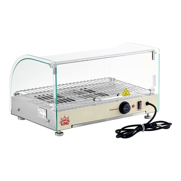 A silver Carnival King countertop hot food display case with curved glass cover over a wire shelf.