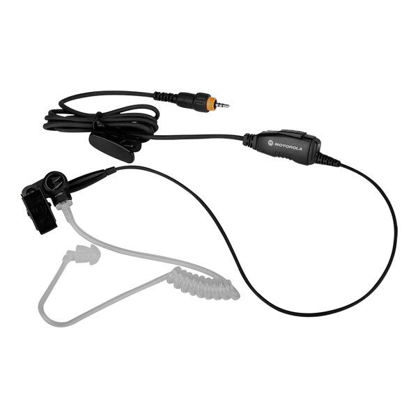 A black and white Motorola walkie talkie earpiece with a microphone on the wire.