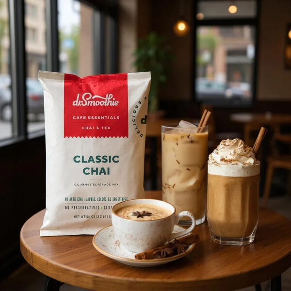 A 3.5 lb. bag of Dr. Smoothie Cafe Essentials Classic Chai beverage mix displayed on a table with various chai drinks.