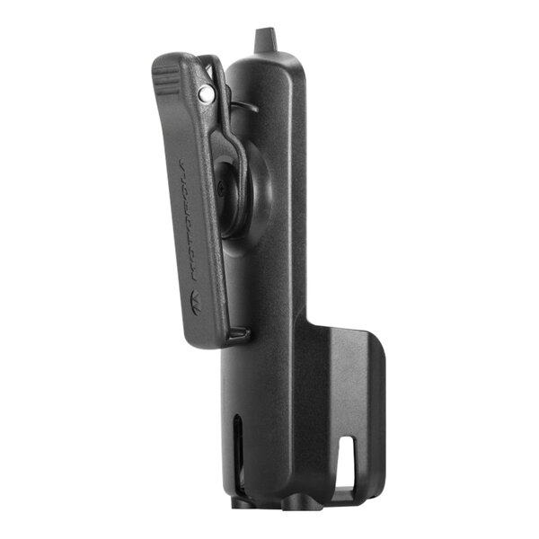 A black Motorola swivel belt holster with a clip.