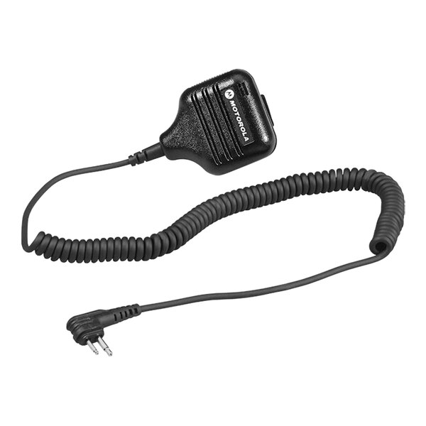 A black Motorola remote speaker microphone with a cord attached.