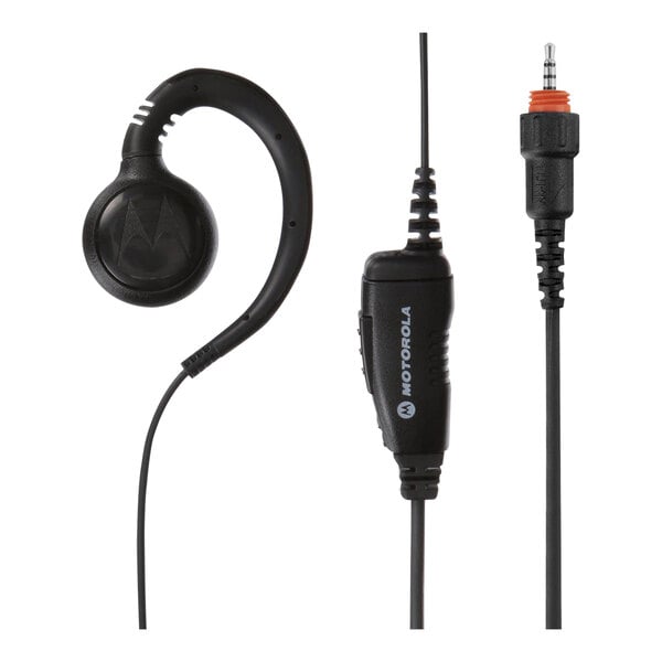 A close up of a Motorola earpiece with an in-line PTT microphone.