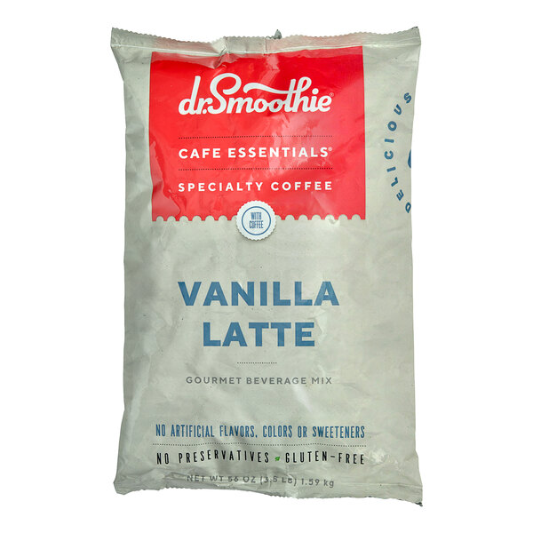 A white bag of Dr. Smoothie Cafe Essentials Vanilla Latte Beverage Mix with red and blue text.