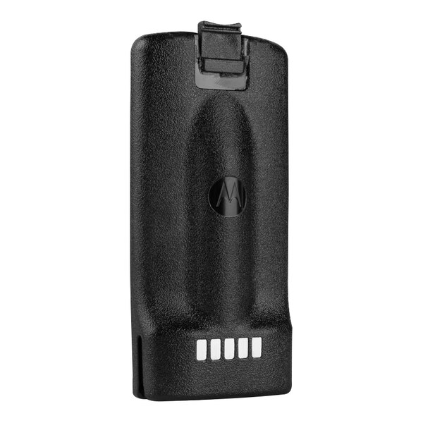 A black rectangular Motorola RM Series lithium-ion battery with a clip and the Motorola logo.
