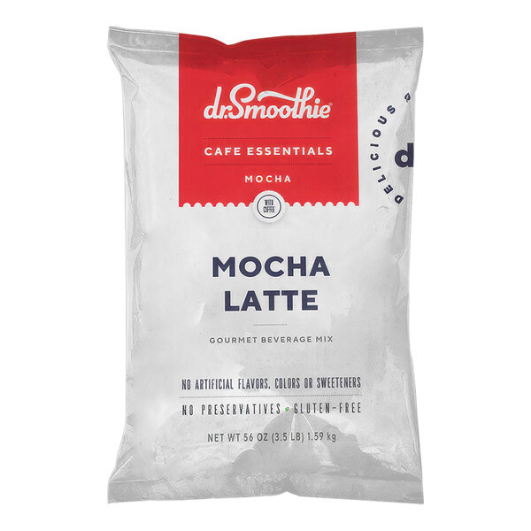 A white bag of Dr. Smoothie Cafe Essentials Mocha Latte coffee powder with red and white text.