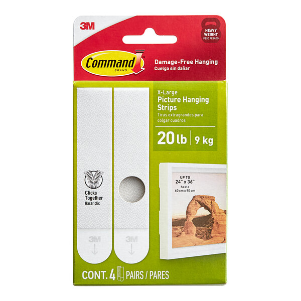 A package of 3M Command extra large white picture hanging strip pairs.