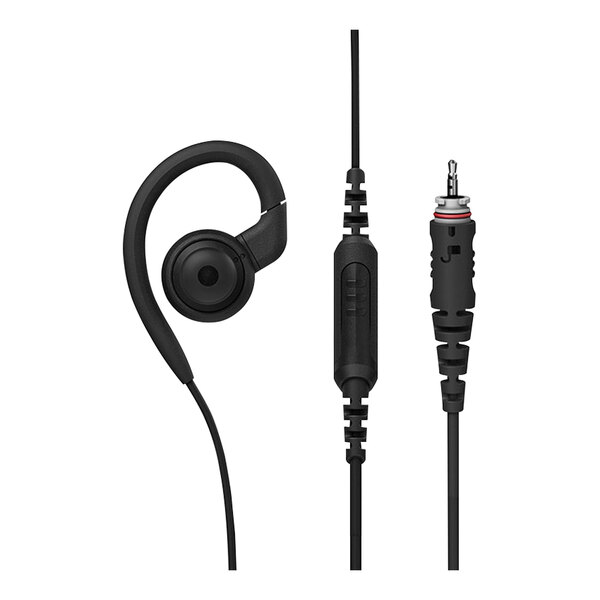 Motorola black swivel earpiece with short cord and in-line PTT microphone.